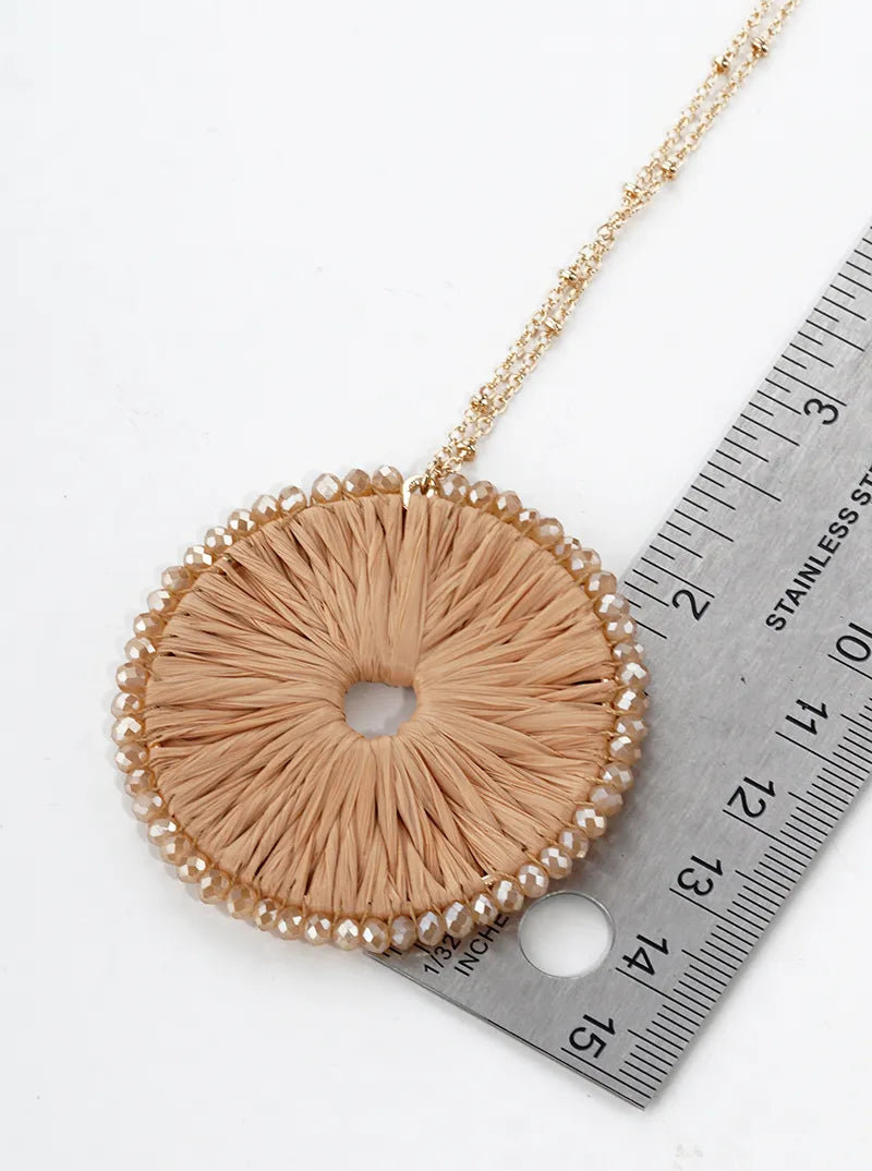 Glass Bead Wrapped Round Raffia Pendant Long Necklace