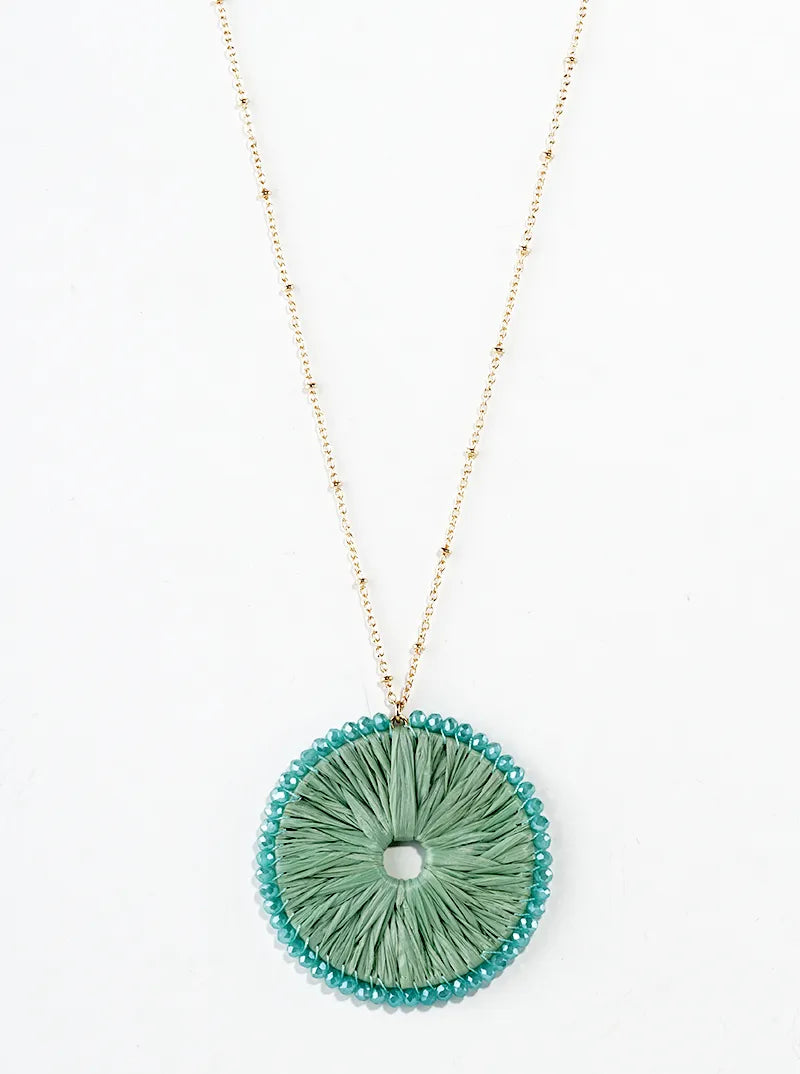 Glass Bead Wrapped Round Raffia Pendant Long Necklace