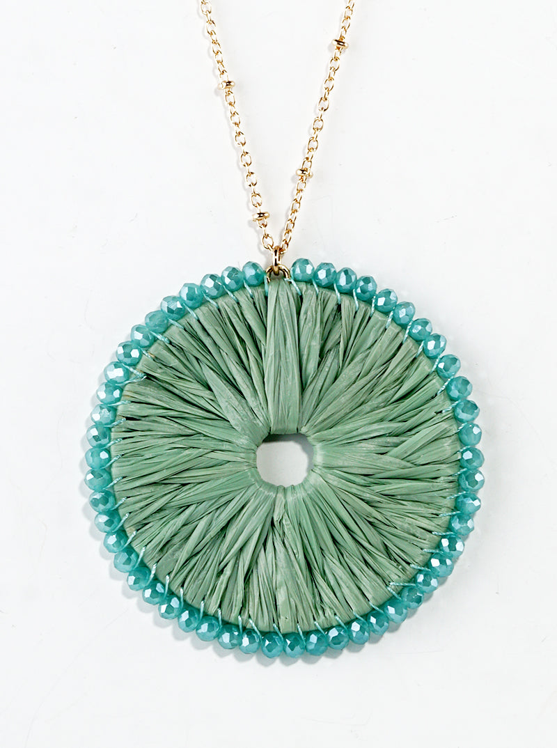 Glass Bead Wrapped Round Raffia Pendant Long Necklace