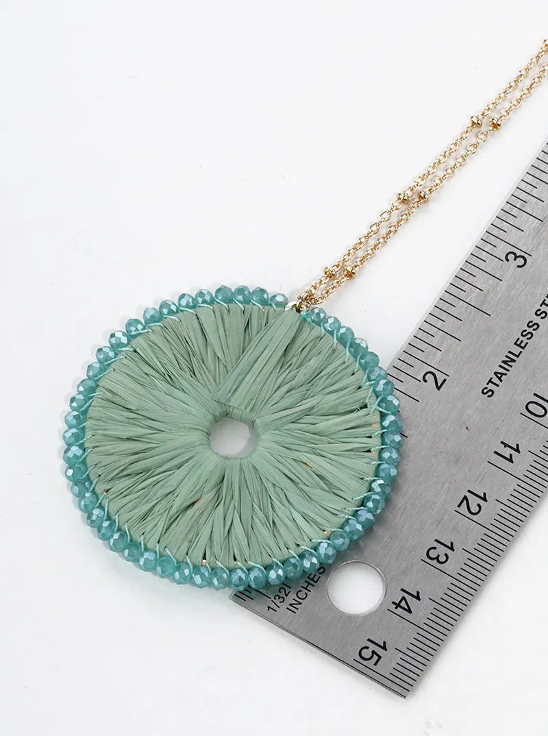 Glass Bead Wrapped Round Raffia Pendant Long Necklace
