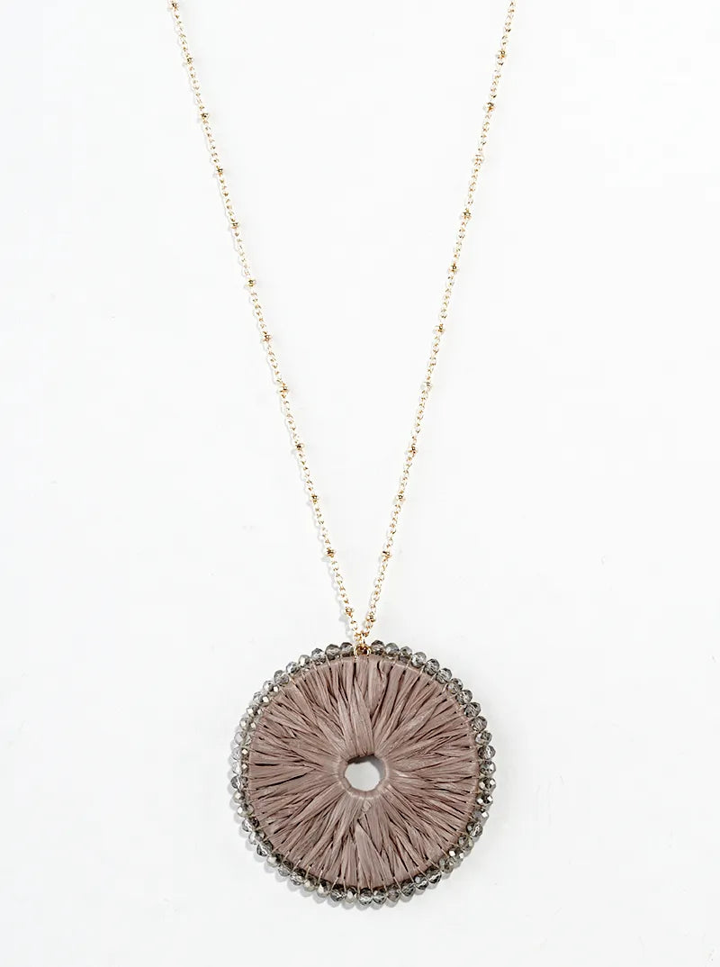 Glass Bead Wrapped Round Raffia Pendant Long Necklace
