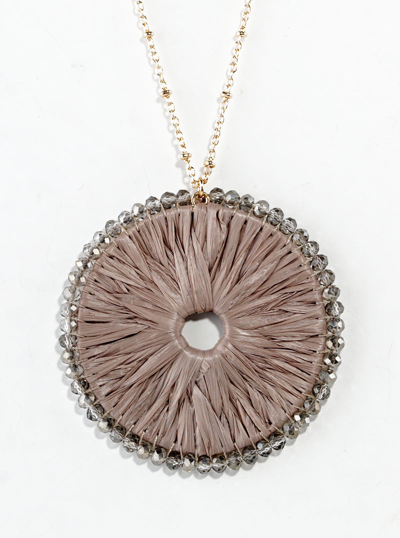 Glass Bead Wrapped Round Raffia Pendant Long Necklace