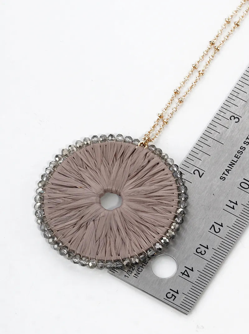 Glass Bead Wrapped Round Raffia Pendant Long Necklace