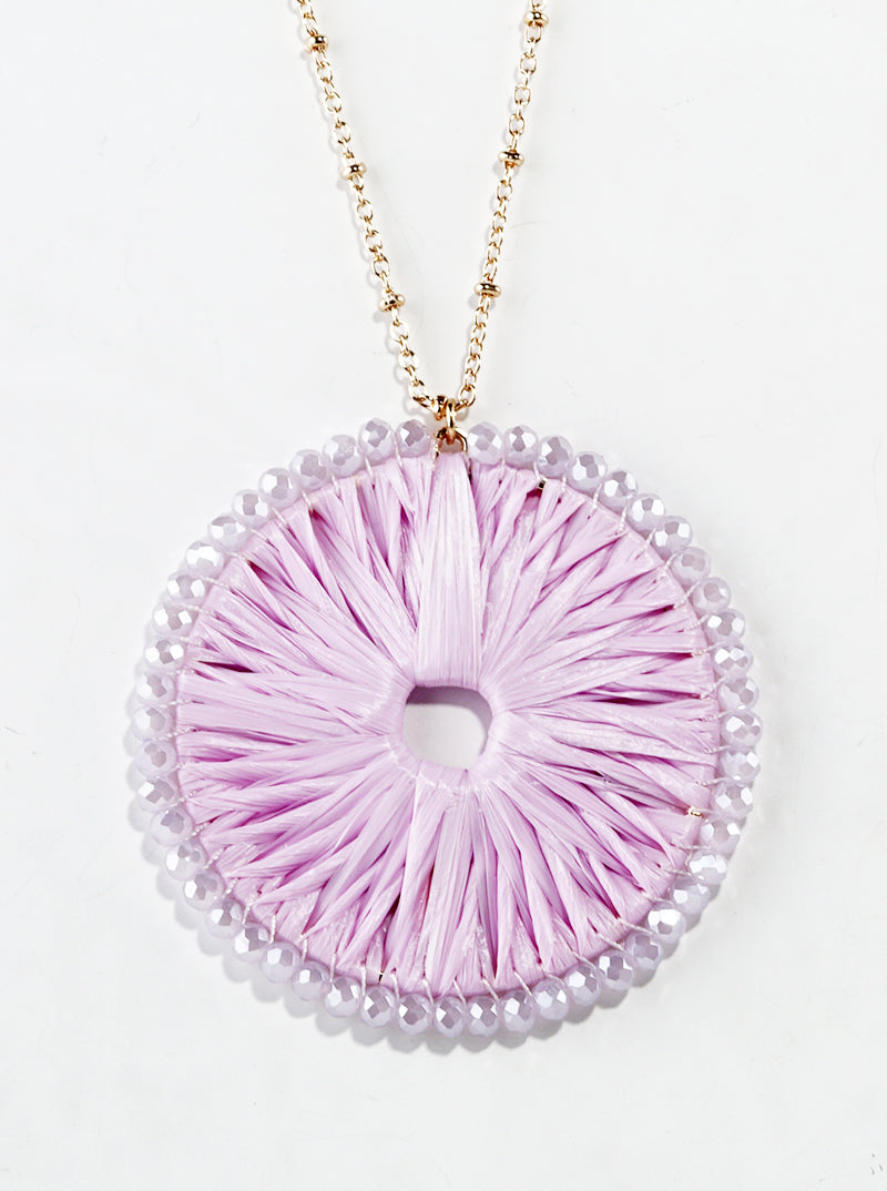 Glass Bead Wrapped Round Raffia Pendant Long Necklace