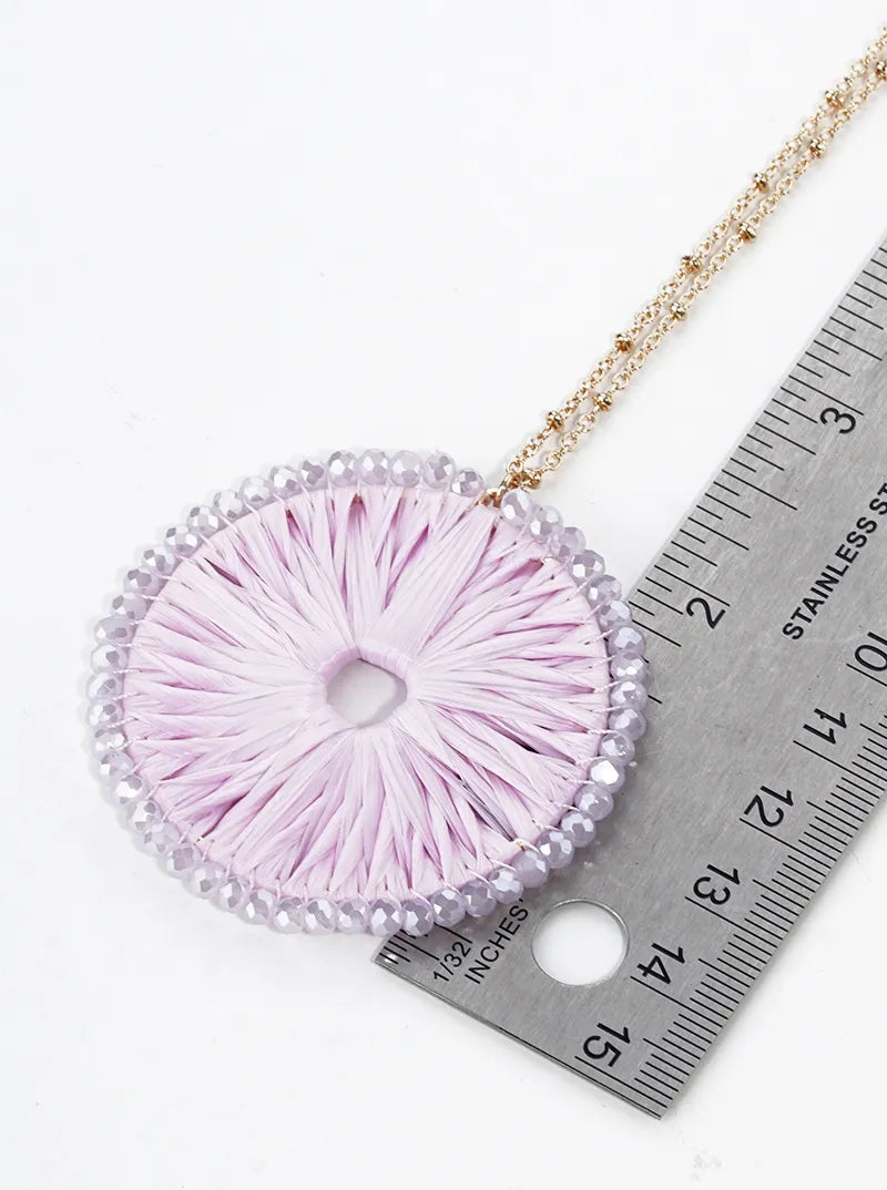 Glass Bead Wrapped Round Raffia Pendant Long Necklace