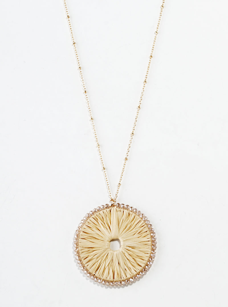 Glass Bead Wrapped Round Raffia Pendant Long Necklace