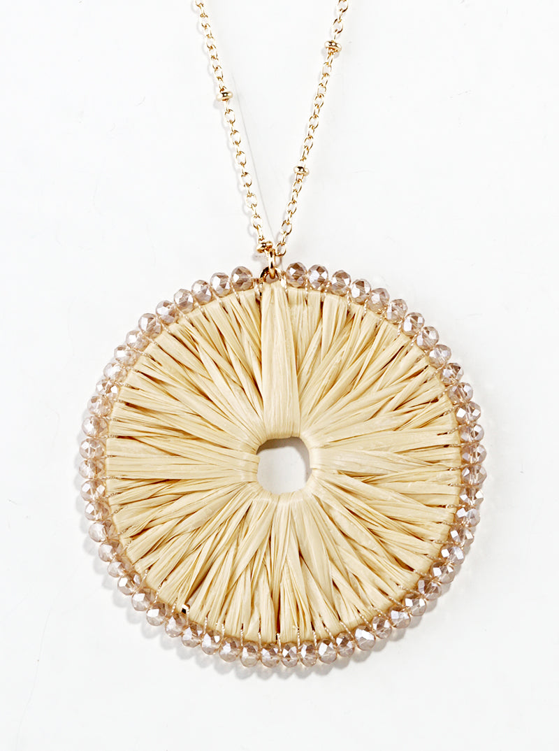 Glass Bead Wrapped Round Raffia Pendant Long Necklace