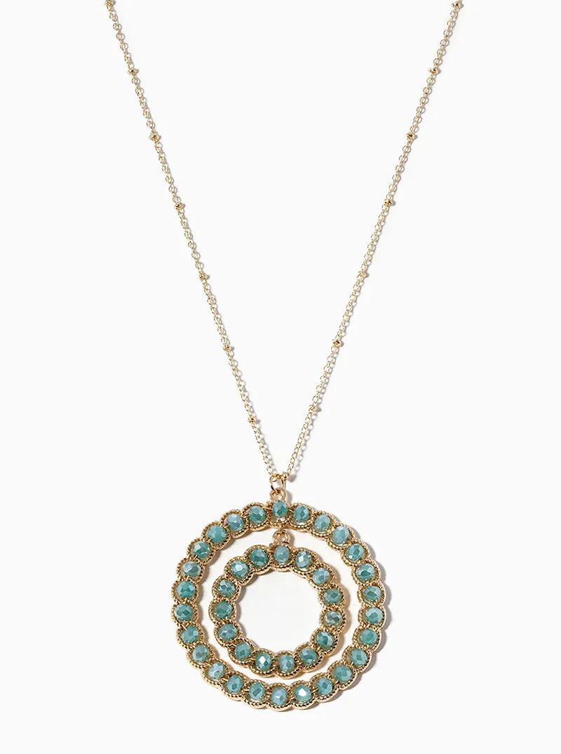 Glass Beaded Double Circle Pendant Long Necklace