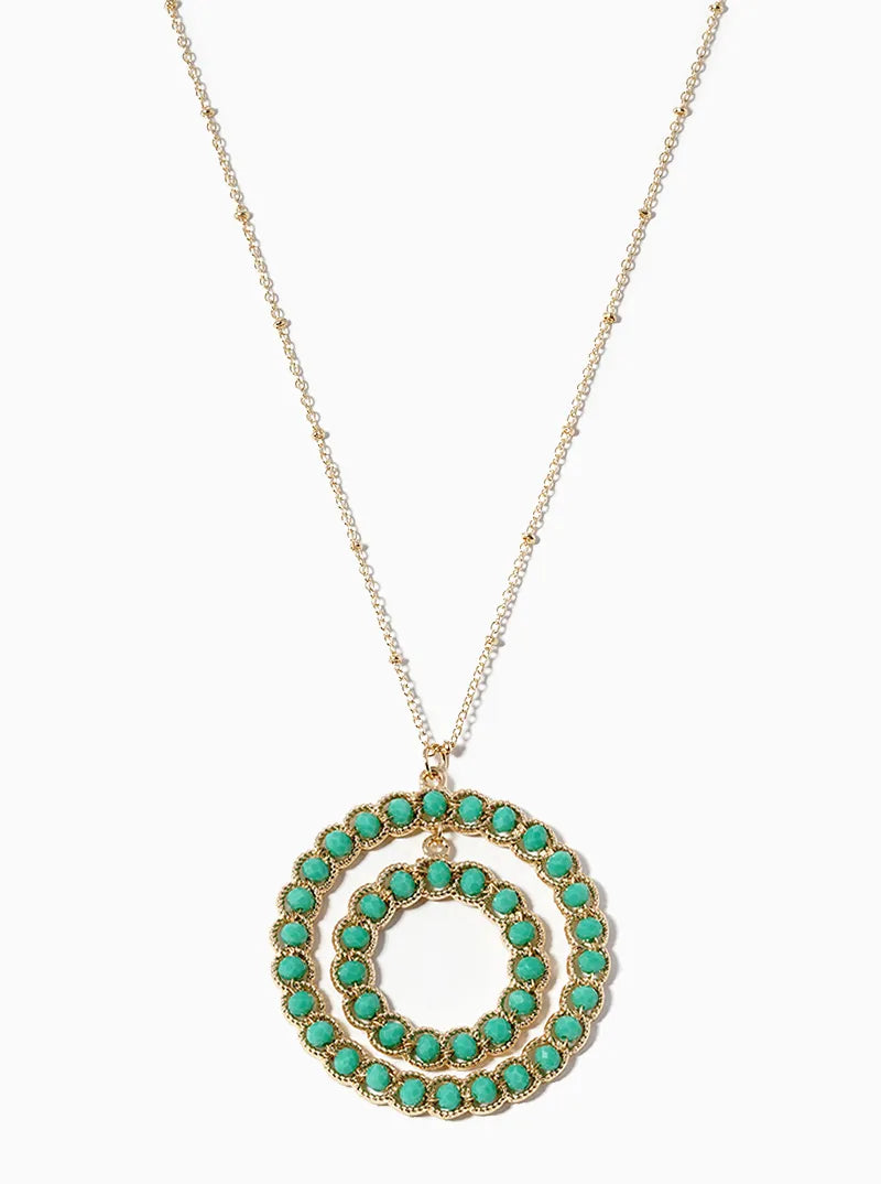 Glass Beaded Double Circle Pendant Long Necklace