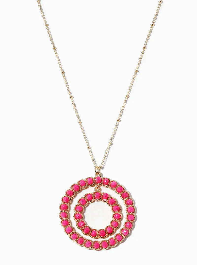 Glass Beaded Double Circle Pendant Long Necklace
