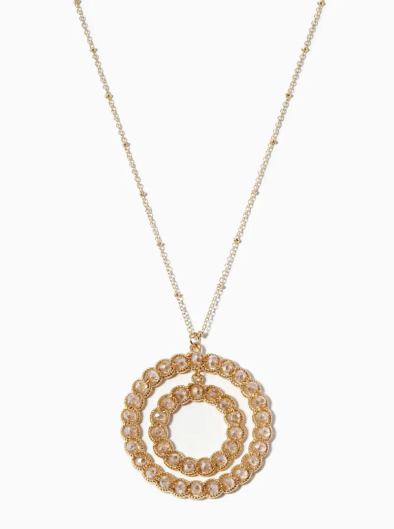 Glass Beaded Double Circle Pendant Long Necklace