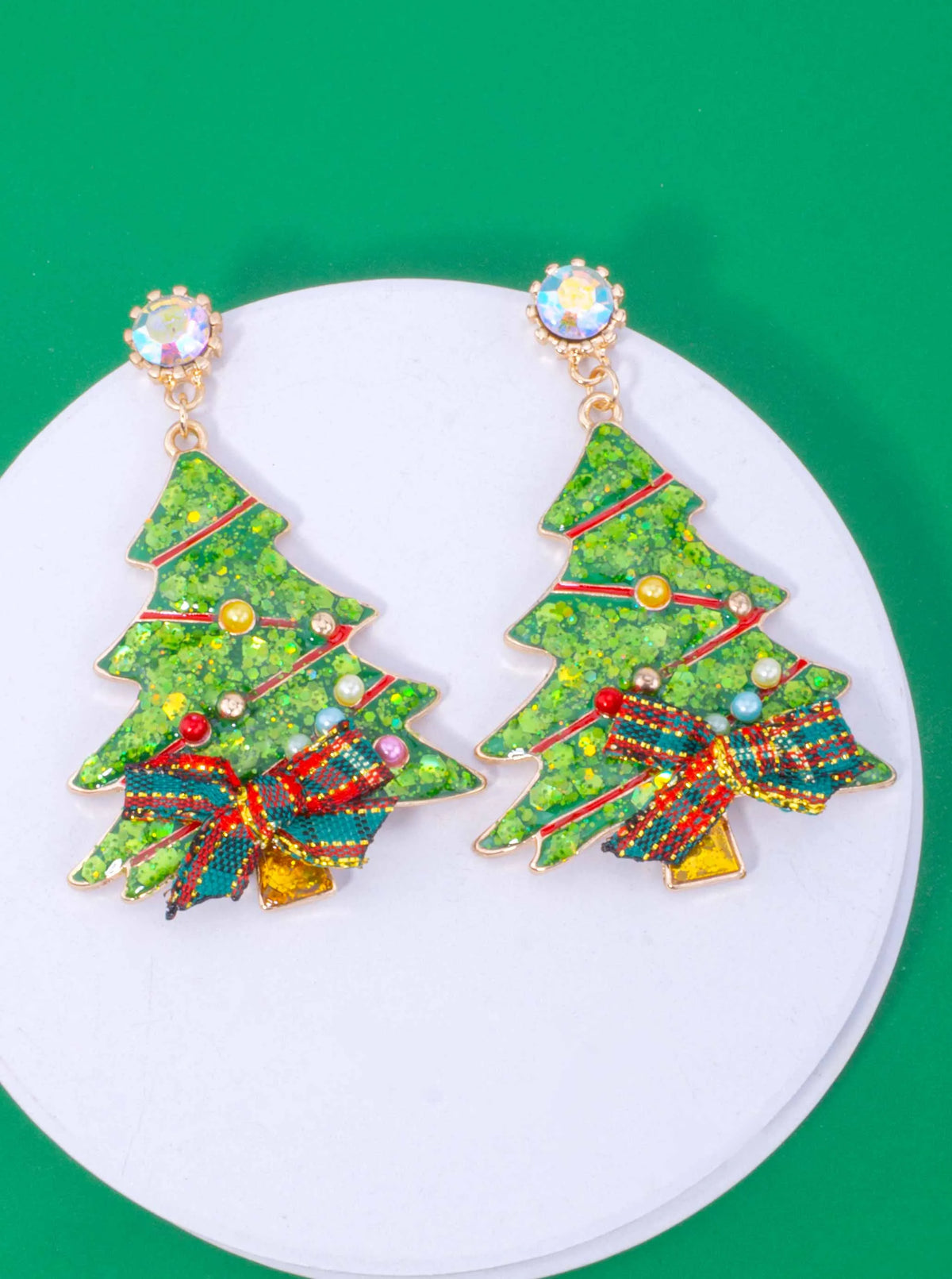 Glitter Christmas Tree Bow Post Drop Earrings