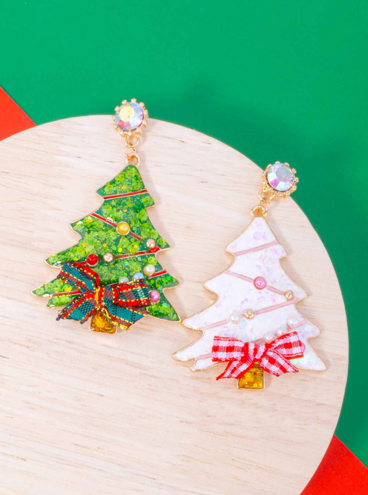 Glitter Christmas Tree Bow Post Drop Earrings