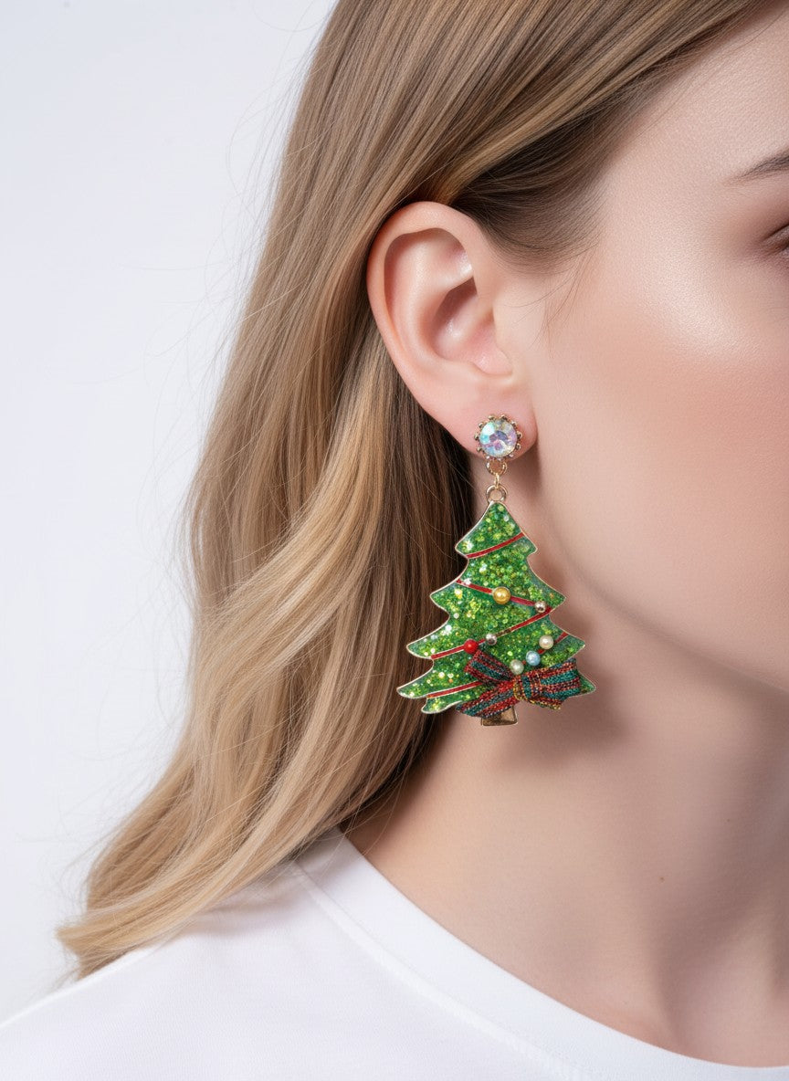 Glitter Christmas Tree Bow Post Drop Earrings