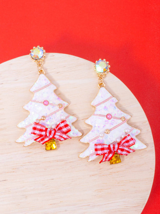 Glitter Christmas Tree Bow Post Drop Earrings
