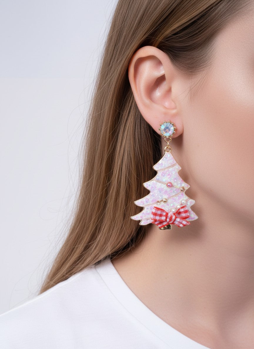 Glitter Christmas Tree Bow Post Drop Earrings