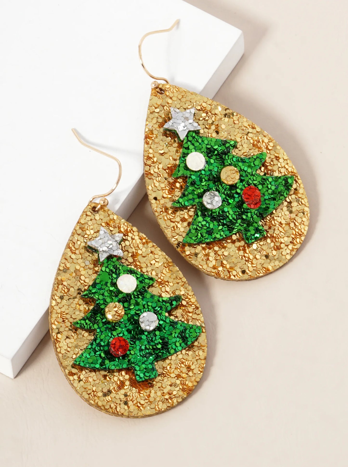 Glitter Christmas Tree Teardrop Dangle Earrings