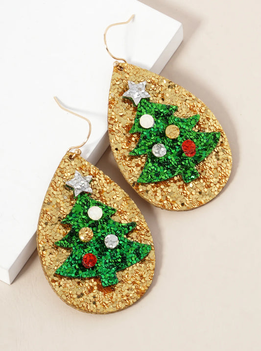 Glitter Christmas Tree Teardrop Dangle Earrings