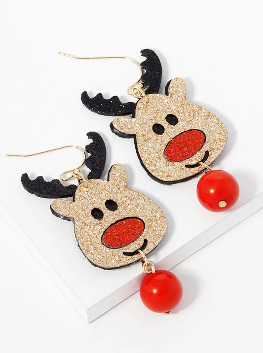 Glitter Felt Rudolph Face Christmas Dangle Drop Earrings