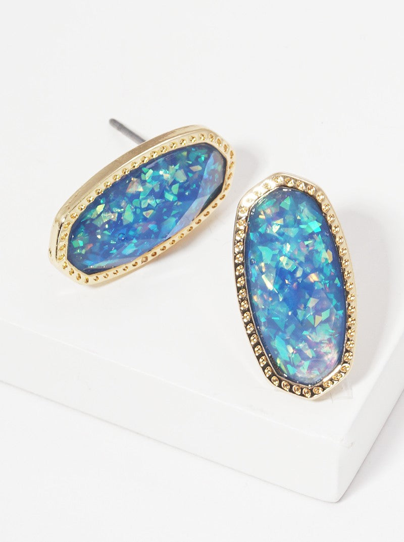 Glitter Filled Faceted Oval Post Stud Earrings