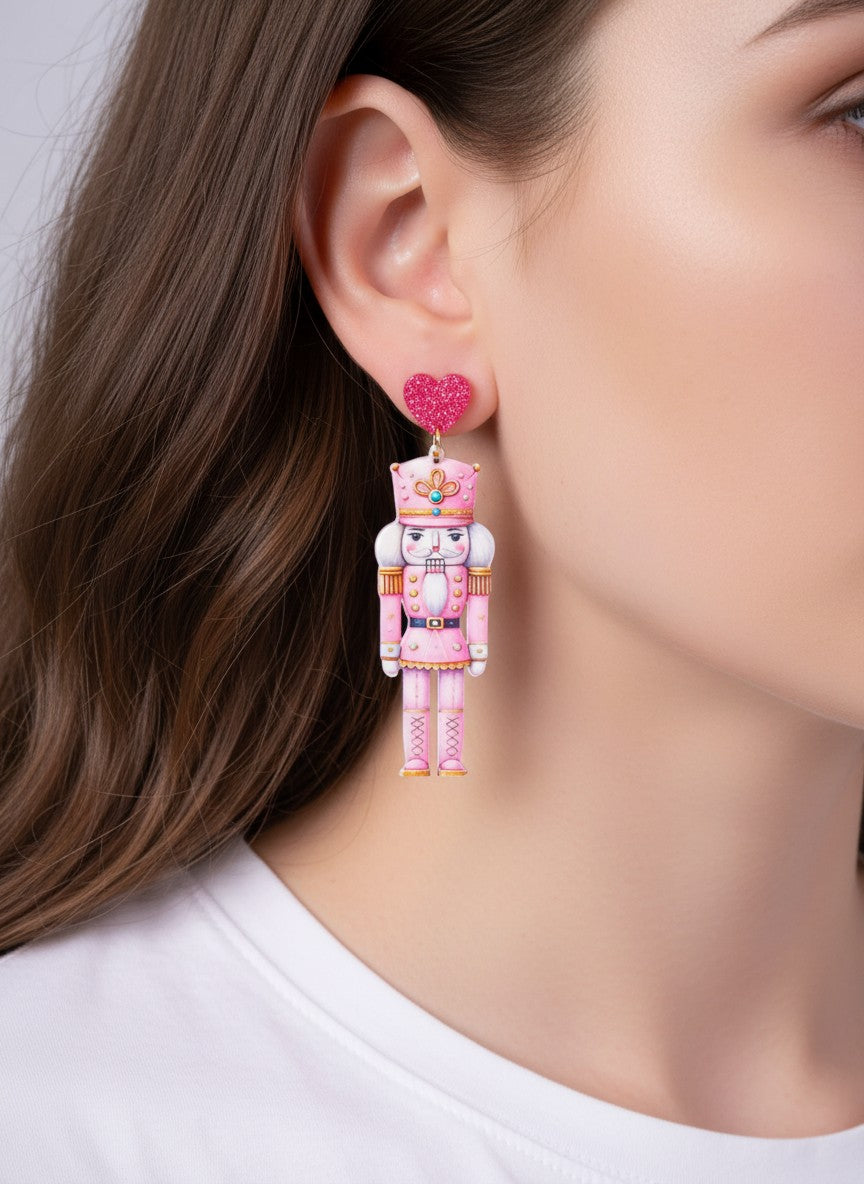 Glitter Heart Nutcracker Acetate Drop Earrings - Gold