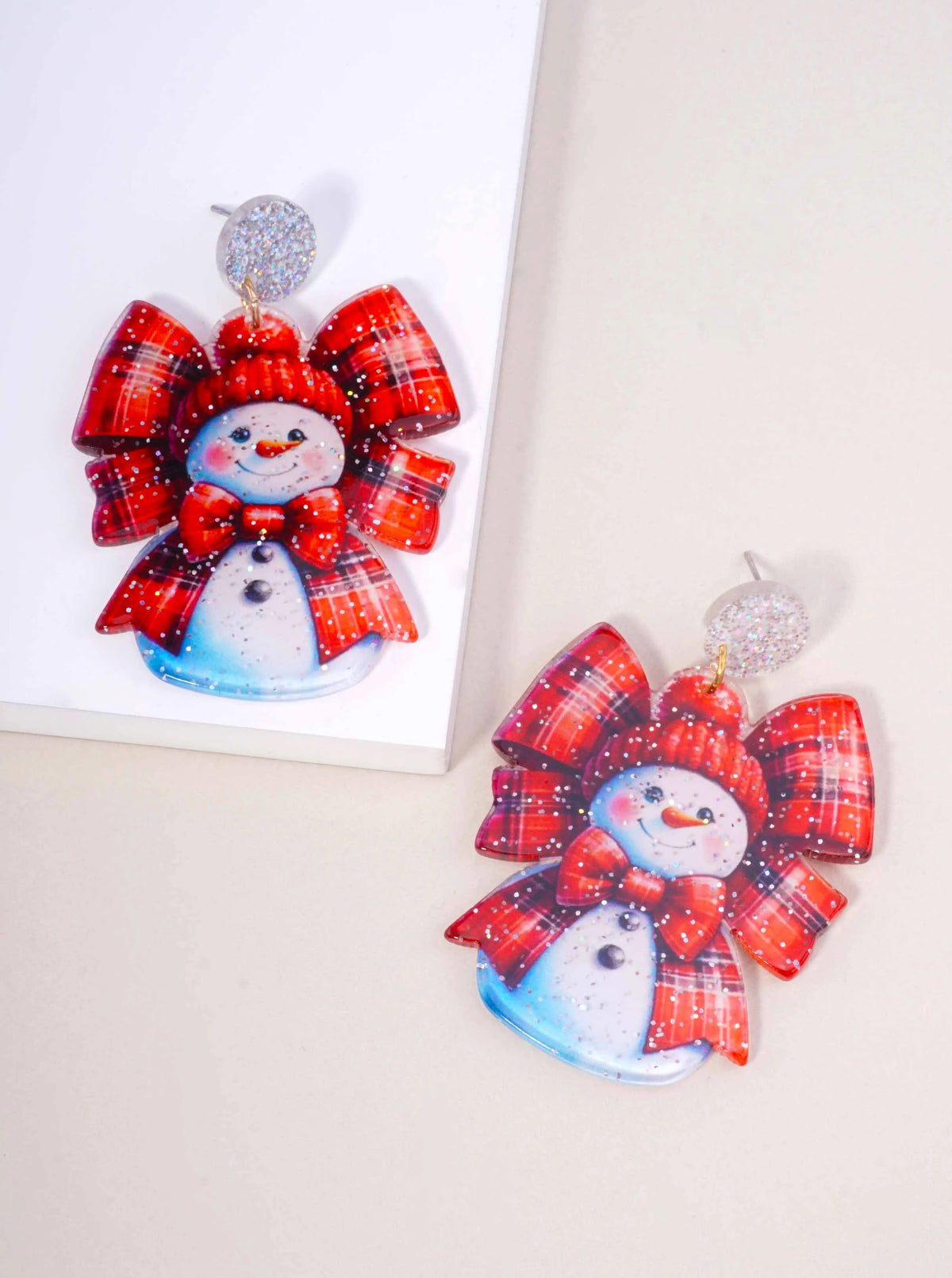 Glitter Plaid Snowman Acetate Drop Earrings - Gold