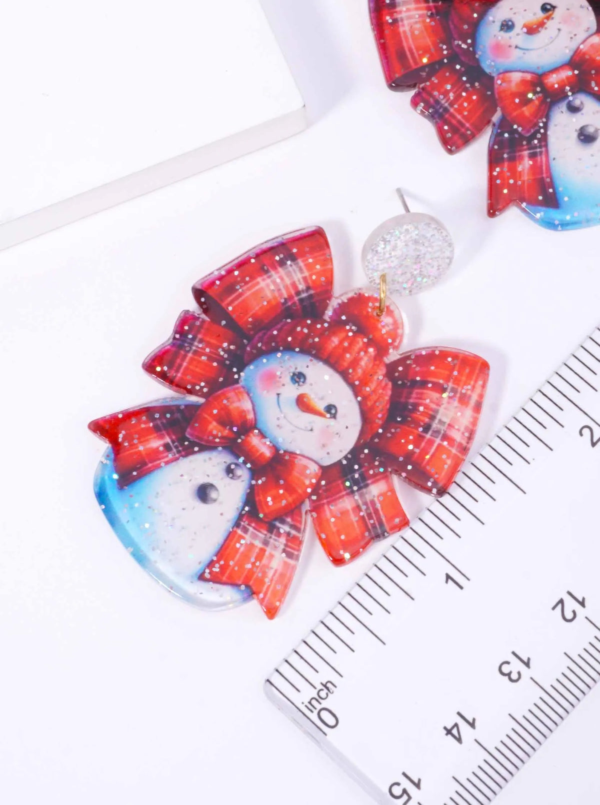 Glitter Plaid Snowman Acetate Drop Earrings - Gold