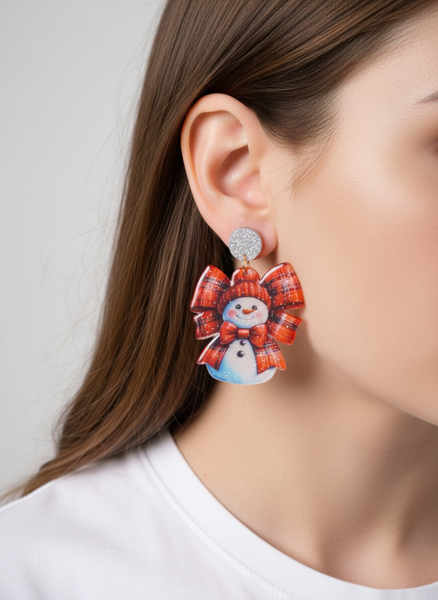 Glitter Plaid Snowman Acetate Drop Earrings - Gold