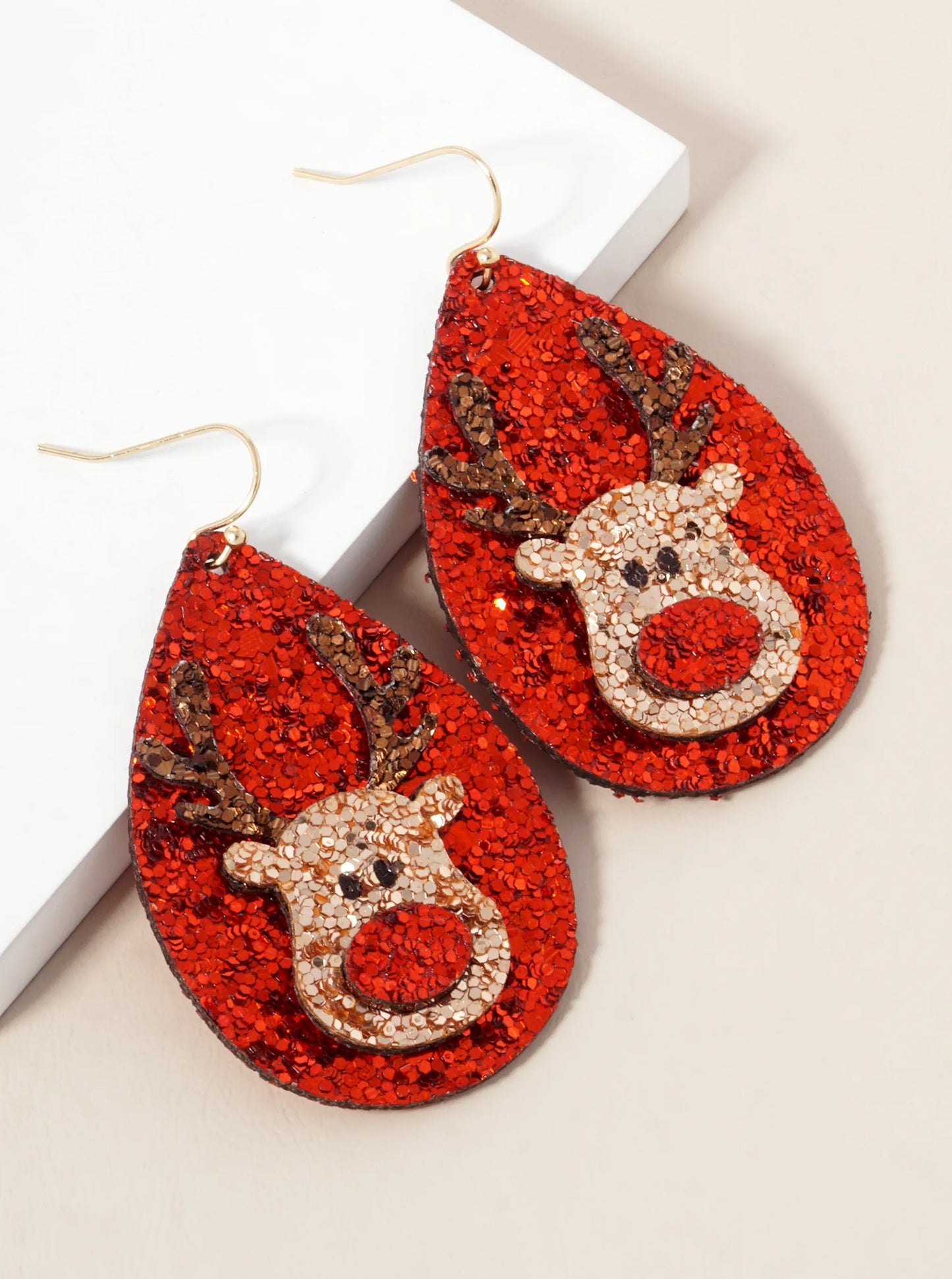 Glitter Rudolph Teardrop Christmas Dangle Earrings