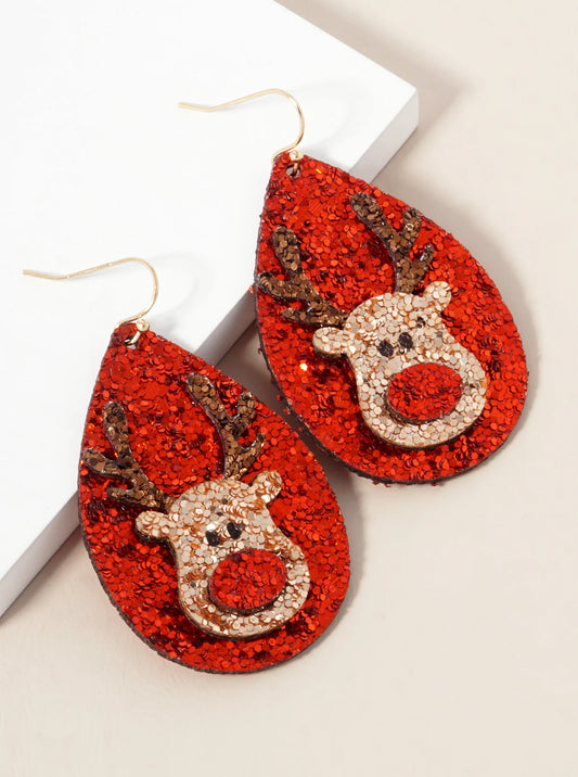 Glitter Rudolph Teardrop Christmas Dangle Earrings