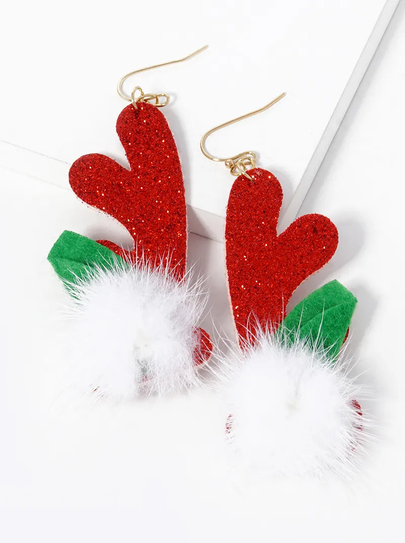 Glitter Felt Rudolf Horn Christmas Fish Hook Dangle Drop Earrings