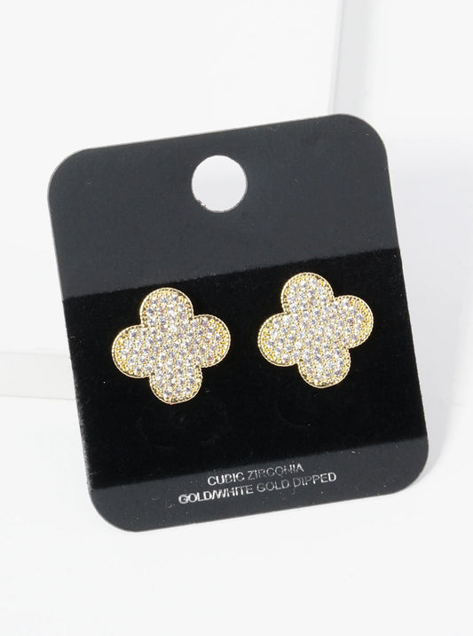 Gold Dipped Pave Set Cubic Zirconia 15mm Quatrefoil Stud Earrings
