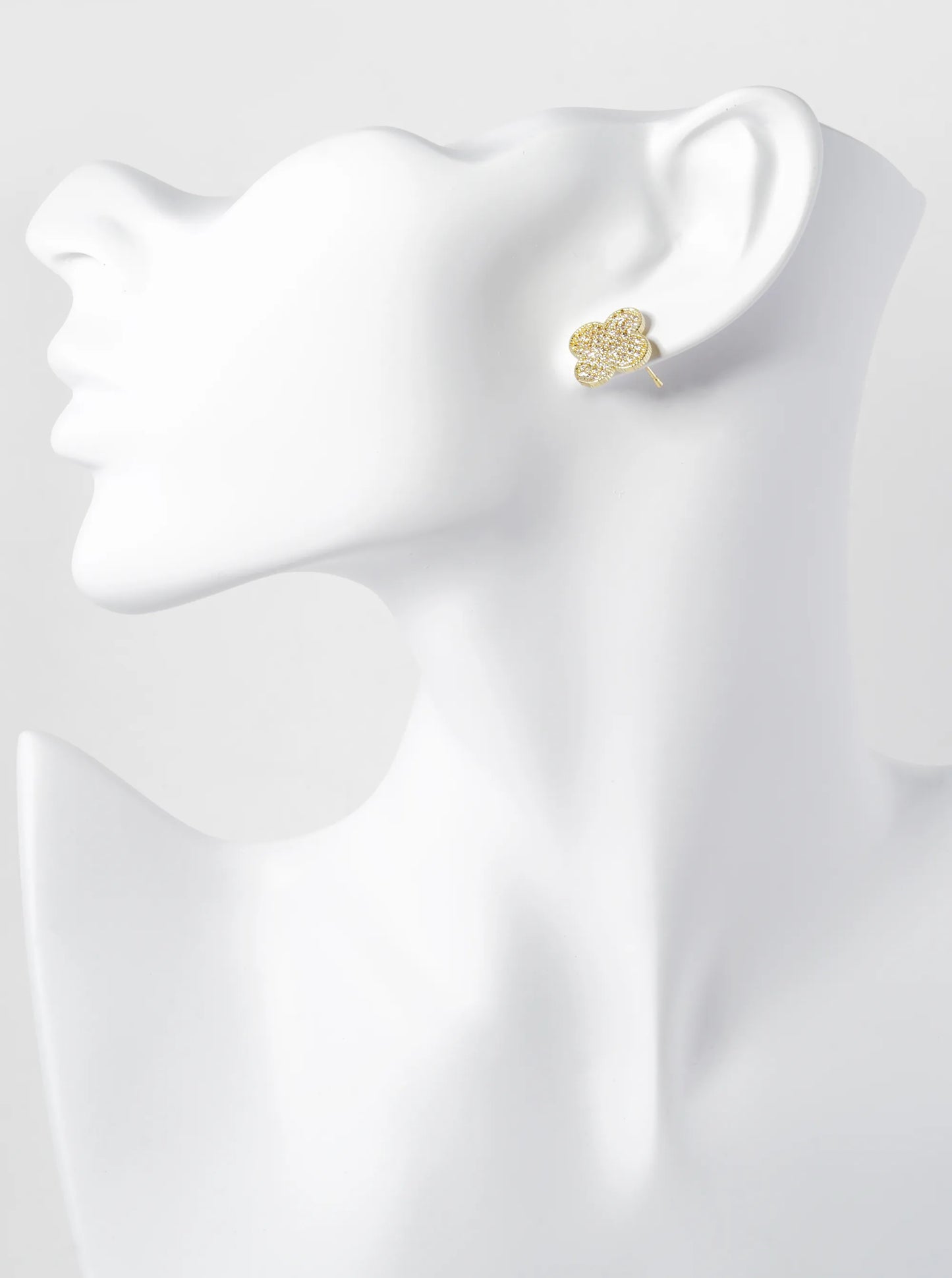 Gold Dipped Pave Set Cubic Zirconia 15mm Quatrefoil Stud Earrings