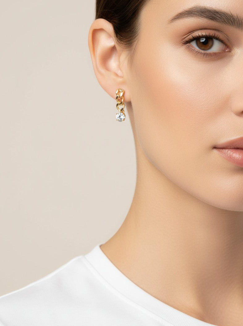 Gold Plated CZ Curb Chain Dangle Earrings