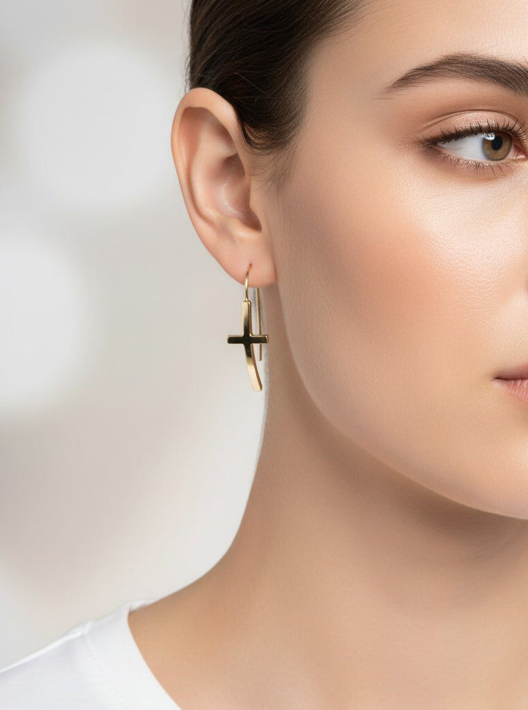 Gold Plated Cross Wire Hook Earring