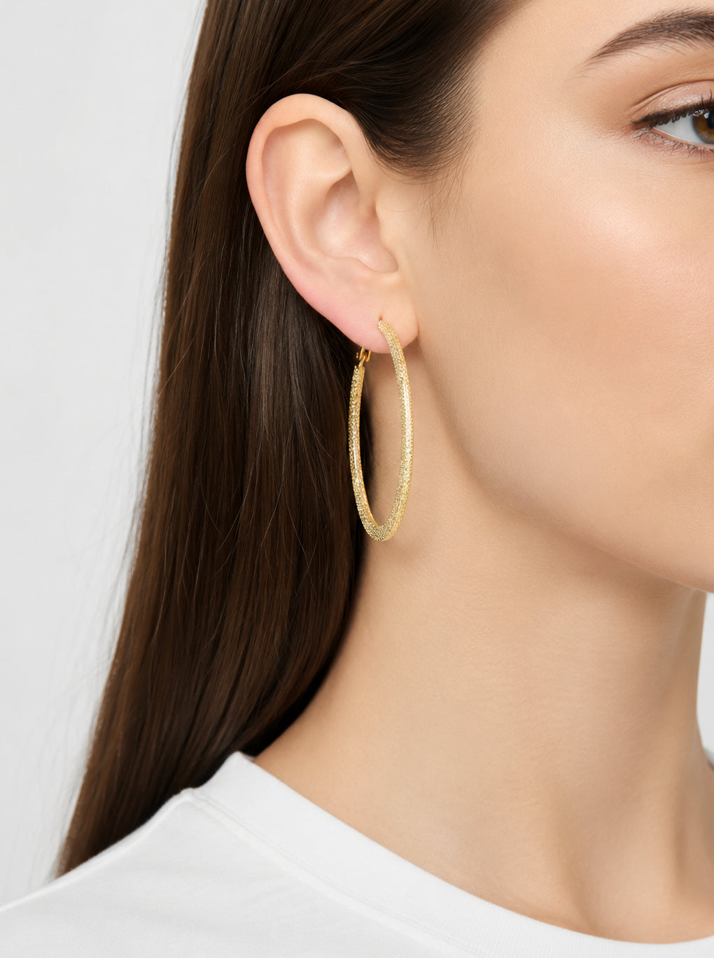Gold Plated Sand Texture Oval Hoop Earrings
