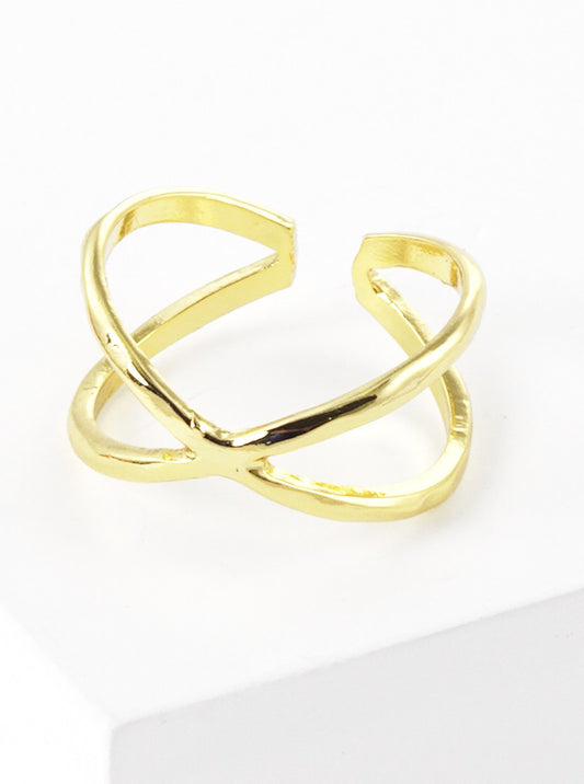 Gold Dipped Hammered X Shape Crossover Adjustable Brass Cuff Ring