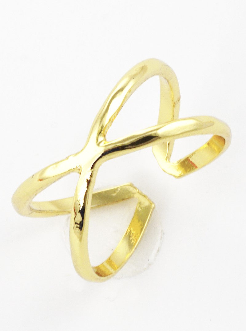 Gold Dipped Hammered X Shape Crossover Adjustable Brass Cuff Ring