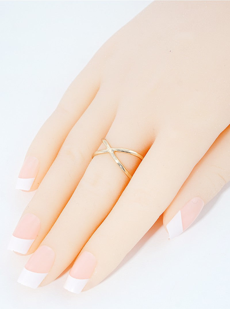 Gold Dipped Hammered X Shape Crossover Adjustable Brass Cuff Ring