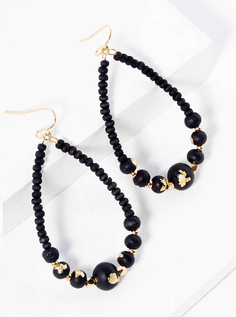 Gold Flake Wood Bead Teardrop Dangle Drop Earrings