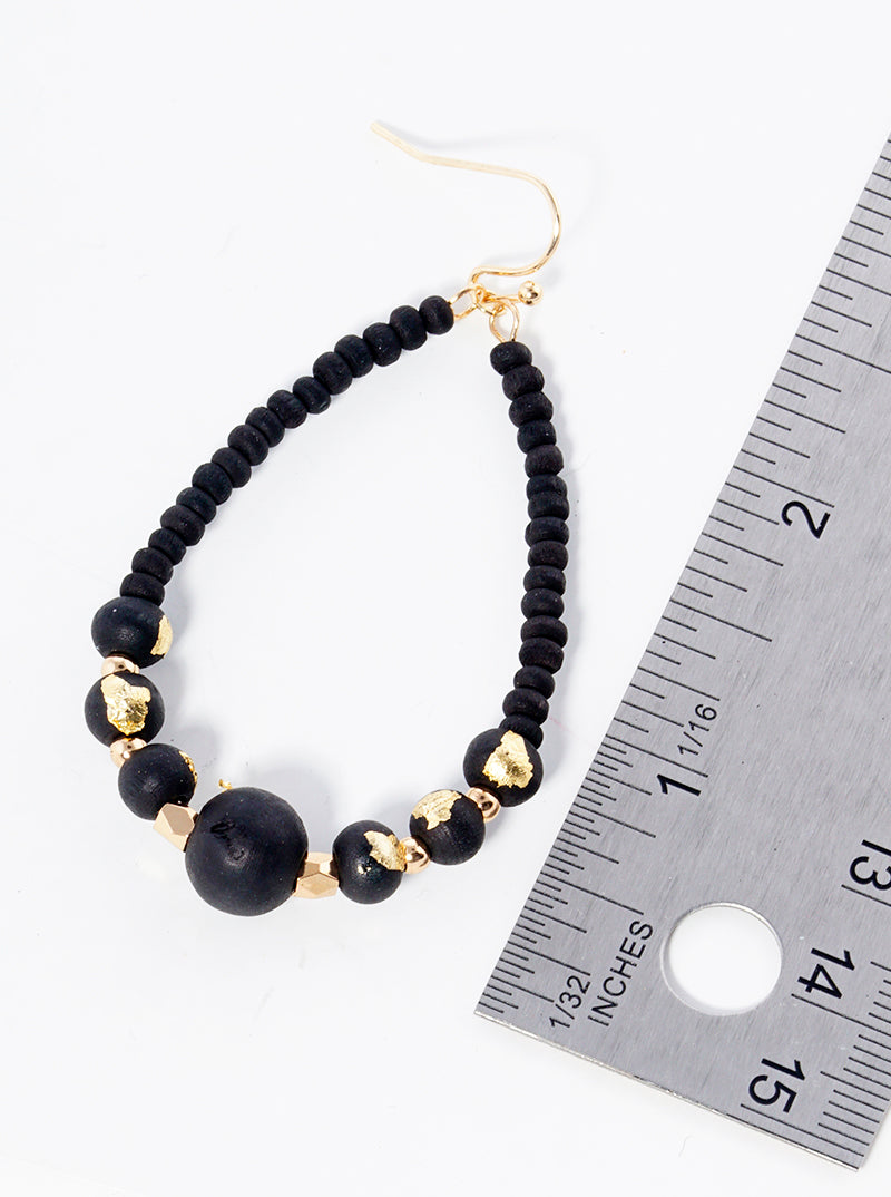 Gold Flake Wood Bead Teardrop Dangle Drop Earrings