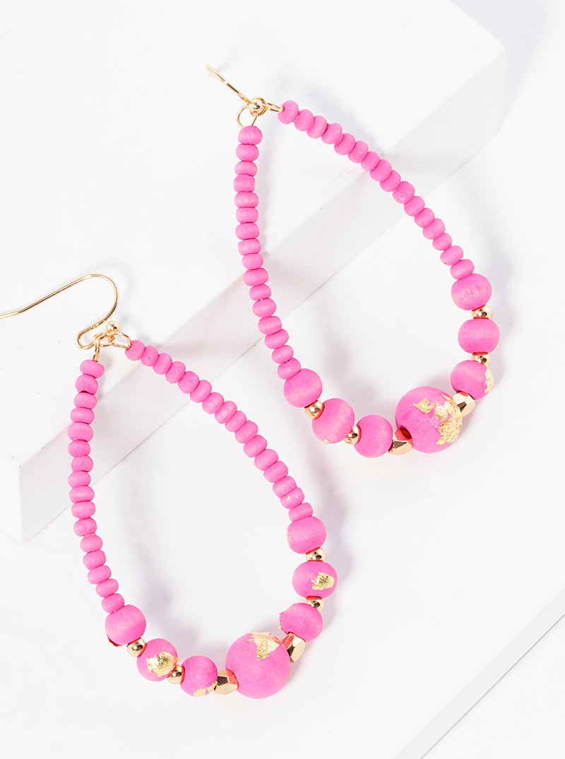 Gold Flake Wood Bead Teardrop Dangle Drop Earrings