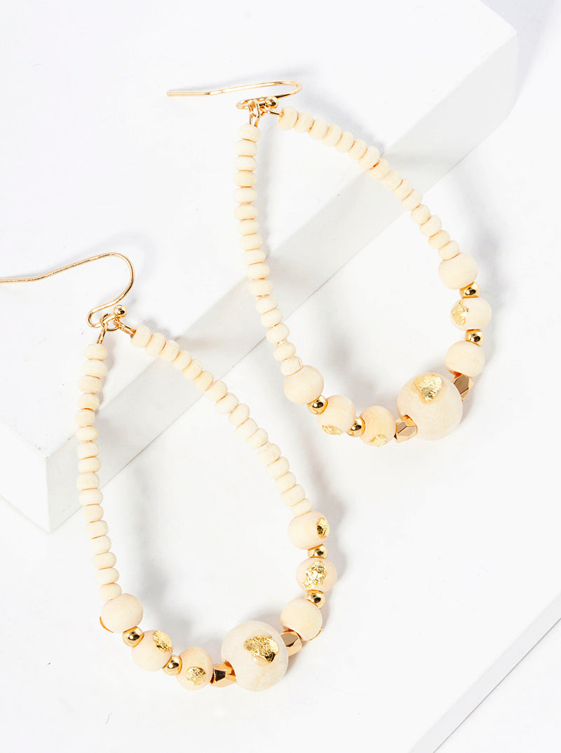 Gold Flake Wood Bead Teardrop Dangle Drop Earrings