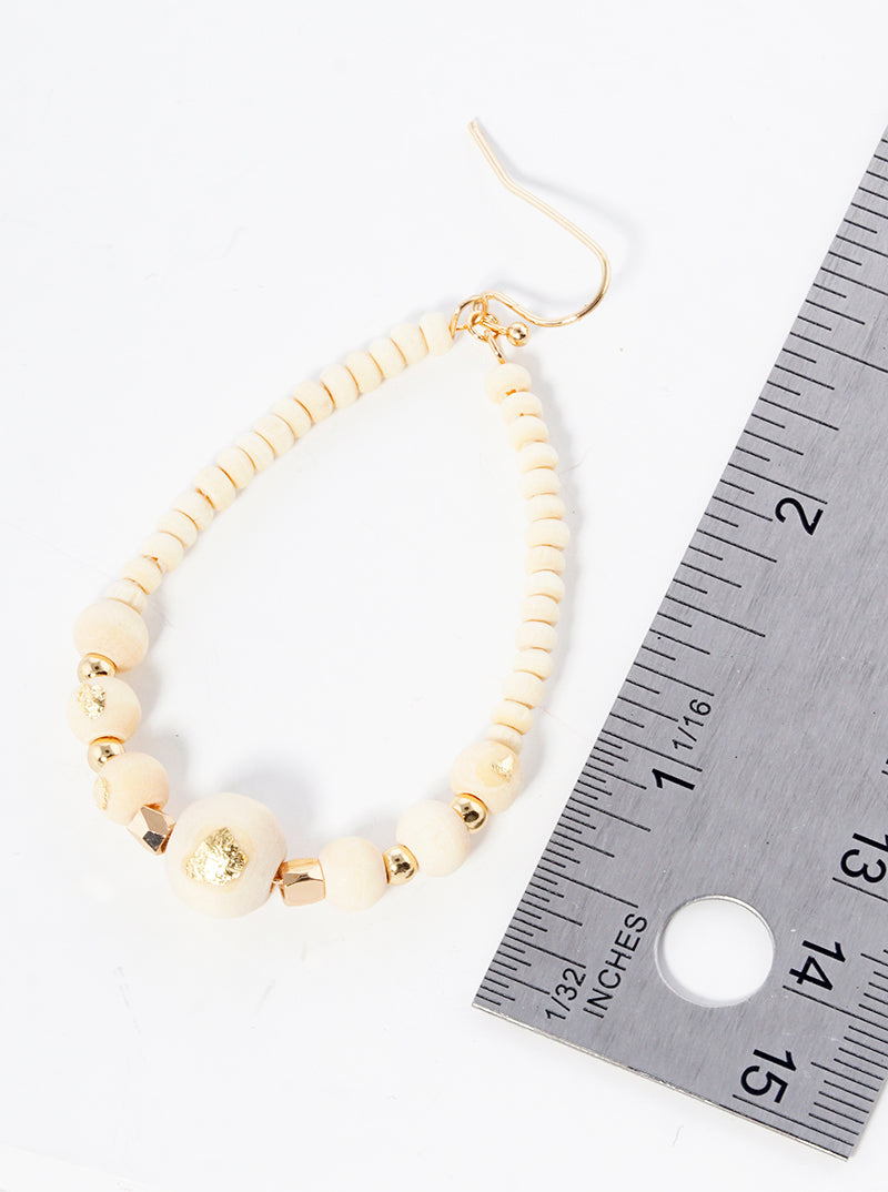 Gold Flake Wood Bead Teardrop Dangle Drop Earrings