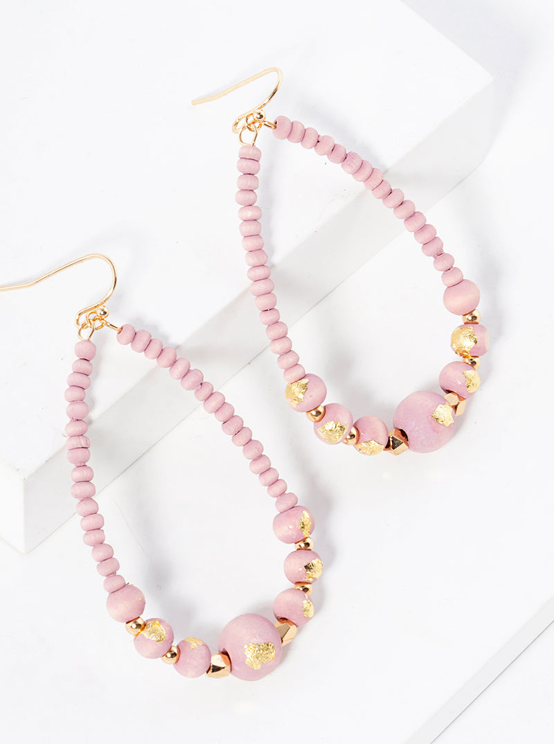 Gold Flake Wood Bead Teardrop Dangle Drop Earrings