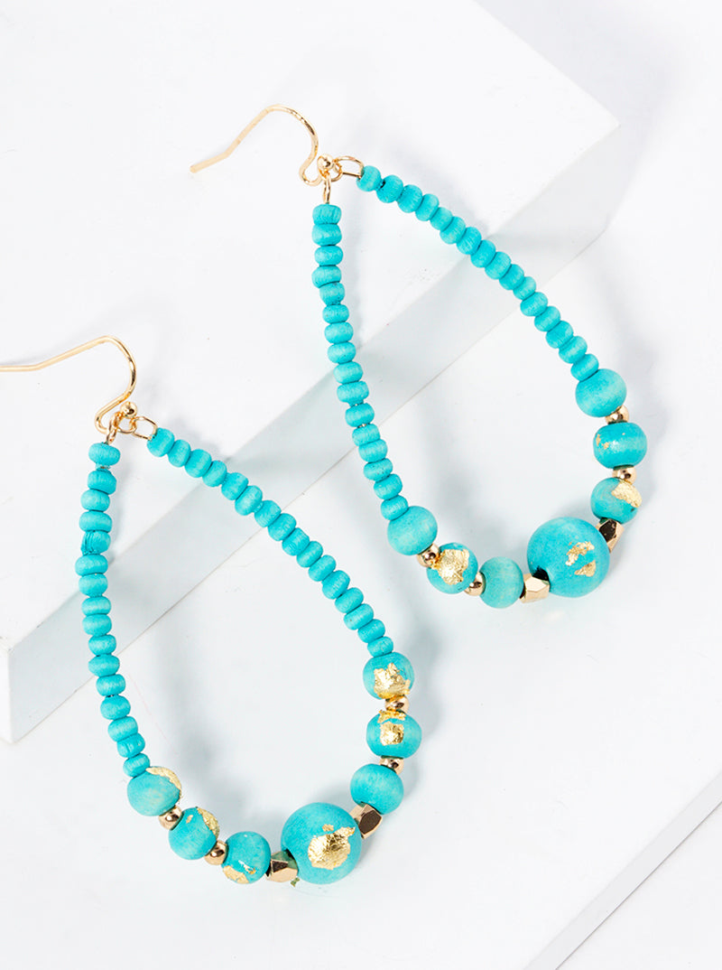 Gold Flake Wood Bead Teardrop Dangle Drop Earrings