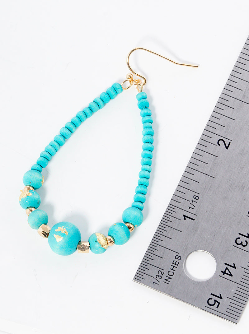 Gold Flake Wood Bead Teardrop Dangle Drop Earrings
