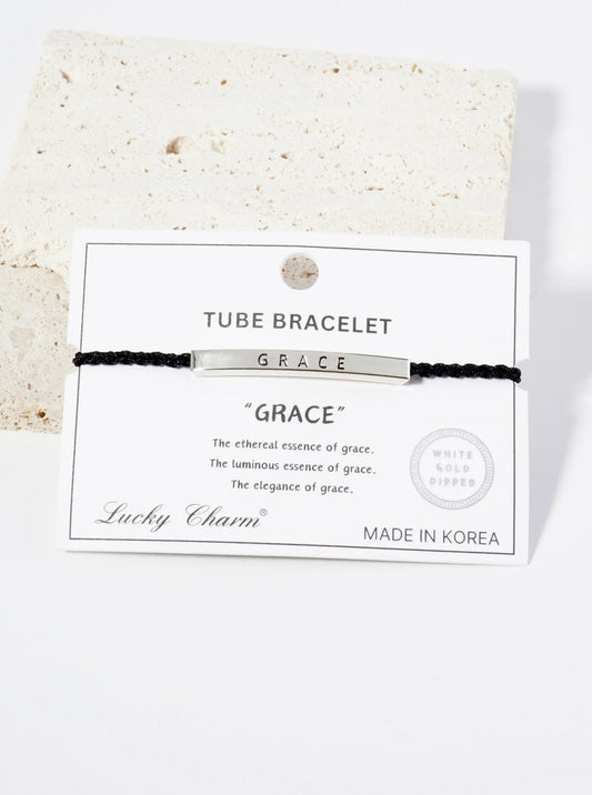 Grace Engraved 18K Gold Dipped Curved Brass Tube Bar Adjustable Pull Tie Bracelet