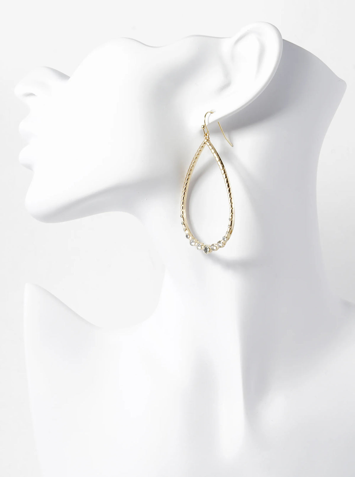 Graduated Crystal Stone Studded Textured Metal Teardrop Dangle Earrings