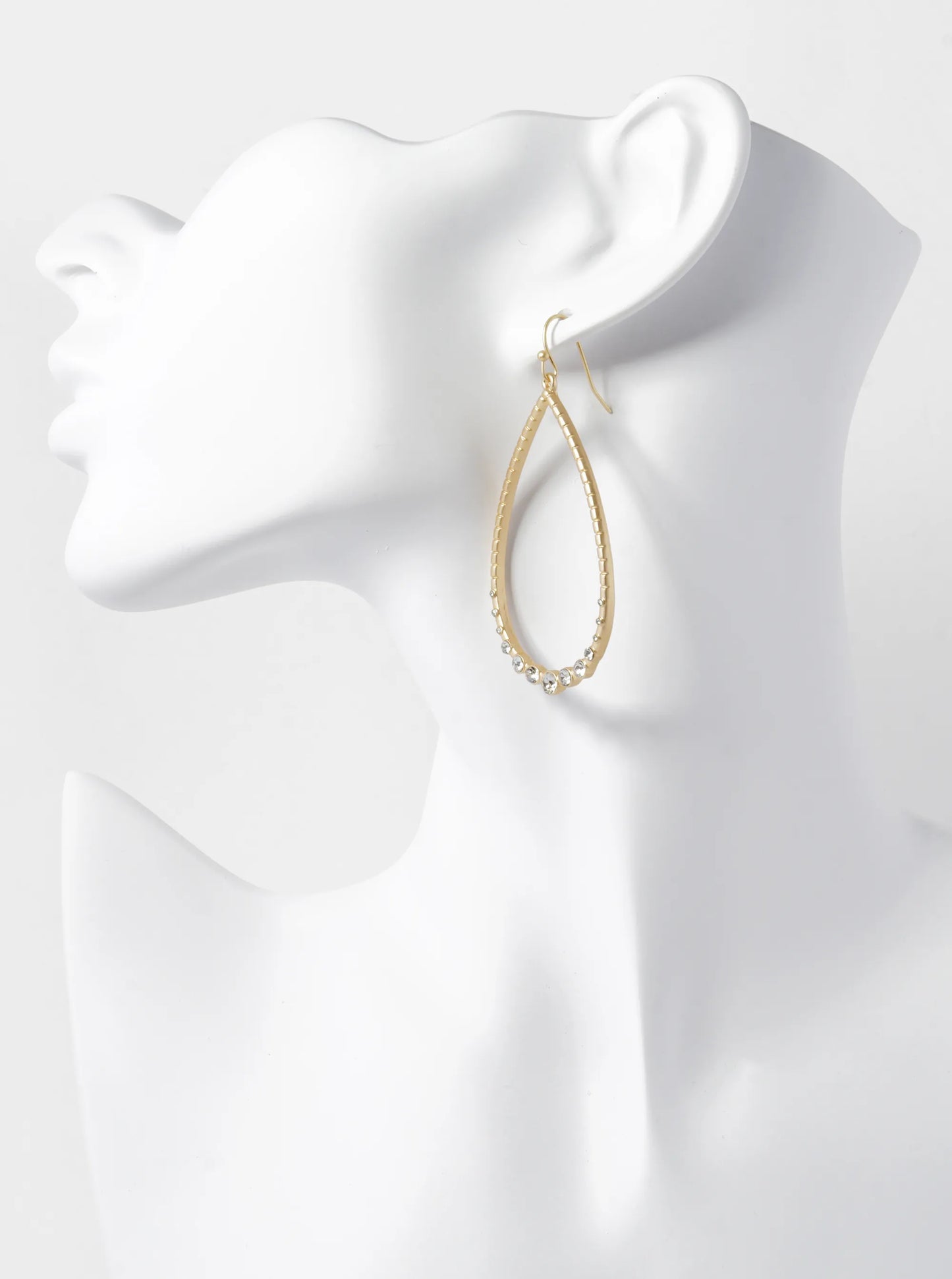 Graduated Crystal Stone Studded Textured Metal Teardrop Dangle Earrings